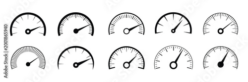 Dashboard speedometer icons set, tachometer icon isolated, performance indicator sign, car speed and fast internet speed concept