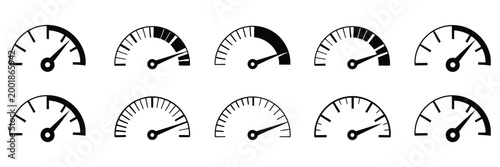 Dashboard speedometer icons set, tachometer icon isolated, performance indicator sign, vehicle speed and network speed symbols