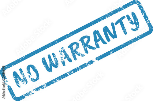 Blue NO WARRANTY Rubber stamp displays a textured grunge effect on a bright isolated background