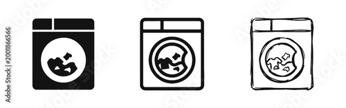Washing machine with clothes icons set in solid, outline and sketch style. Laundry and household appliance symbol.