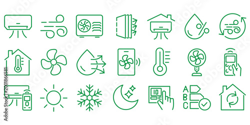 HVAC and Climate Control Line Icon Set Featuring Air Conditioning, Heating Systems, Ventilation, Temperature Regulation, Smart Thermostats, Cooling, and Indoor Air Management Symbols