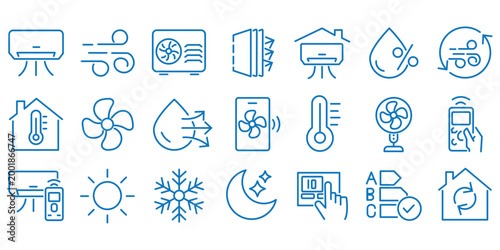 HVAC and Climate Control Line Icon Set Featuring Air Conditioning, Heating Systems, Ventilation, Temperature Regulation, Smart Thermostats, Cooling, and Indoor Air Management Symbols