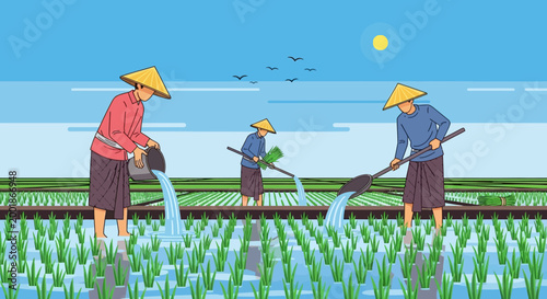 Foto Farmers cultivating rice paddies with traditional methods.
