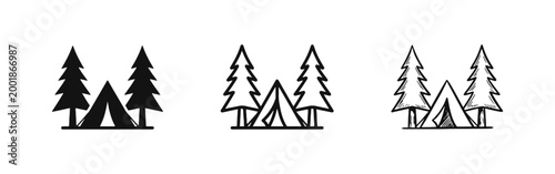 Camping tent in pine forest icons set in solid, outline and hand-drawn style. Outdoor adventure and travel concept.