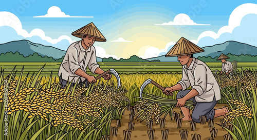 Farmers harvesting rice in a paddy field during a sunny day.