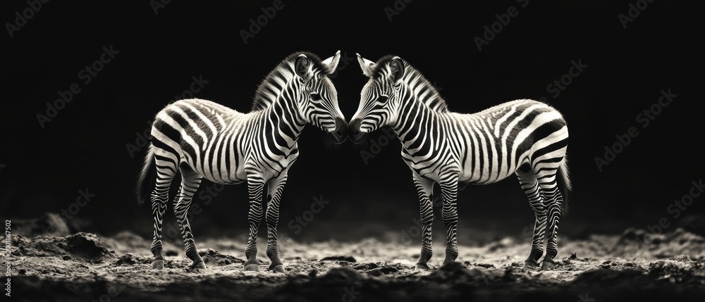 Fototapeta premium Two zebras touch noses against a dark background, creating a dramatic backdrop for content about wildlife and unity.