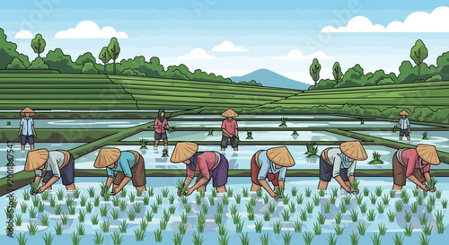 Farmers planting rice in a paddy field.