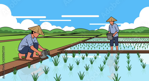 Farmers planting rice in a paddy field.