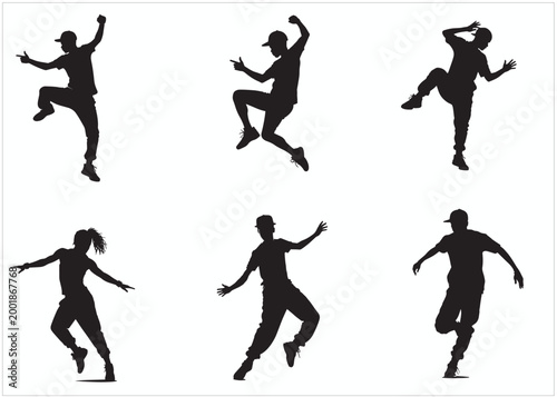 A set of street dance hip hop dancers in silhouette	