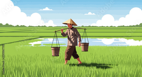Traditional Asian farmer carrying water buckets on a shoulder pole.