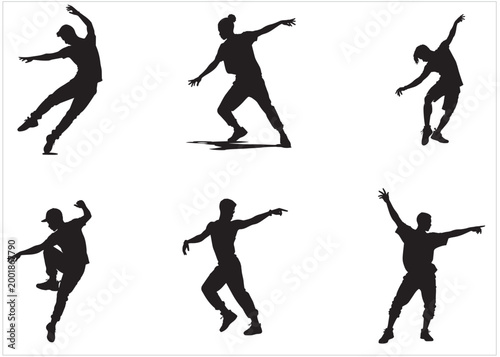 A set of street dance hip hop dancers in silhouette	
