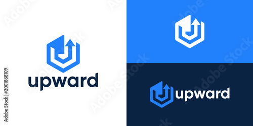 Creative simple upward logo template. Arrow up with hexagon shape for business startup logo design vector illustration.