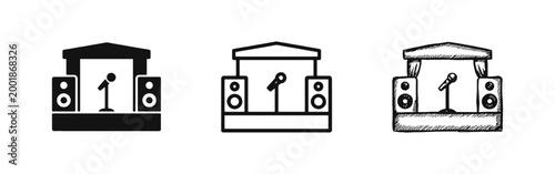 Concert Stage with Microphone and Speakers Icon Set