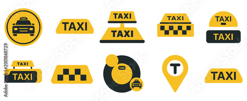 Set of taxi service vector signs, yellow black taxi icon collection, transportation and cab service symbols, modern flat vector design for ride hailing