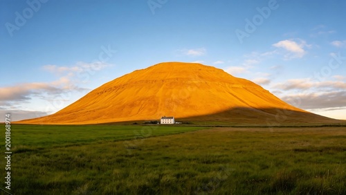 Solitary house on grassy field near golden hill