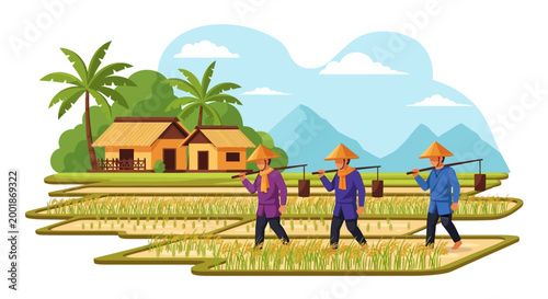 Three farmers carrying tools walk through lush green rice paddies.