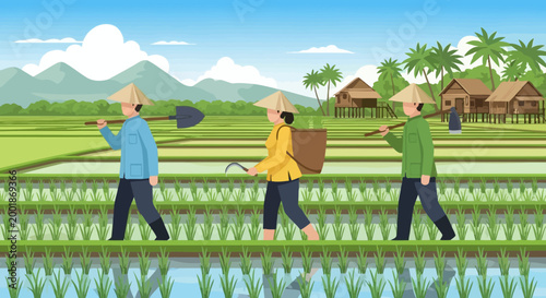 Three farmers walking through a rice paddy field.
