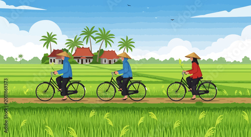 Three people wearing traditional conical hats riding bicycles.