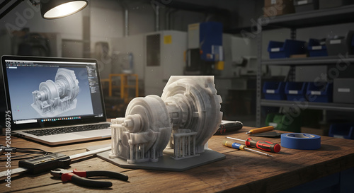 3D Printed Mechanical Prototype on Engineering Workbench with Laptop Showing CAD Design and Tools