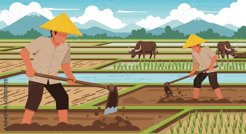 Two farmers diligently working in a rice paddy field.