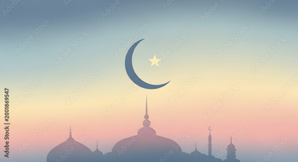 Obraz premium A serene Islamic background featuring silhouettes of mosque domes and minarets under a soft pastel sunset sky with a crescent moon and a single star