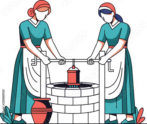 Women drawing water from well illustration, traditional rural life scene with manual water collection in simple flat vector style design