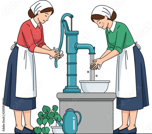 Women washing hands at manual water pump illustration, traditional hygiene practice in rural setting, clean flat vector style daily life concept