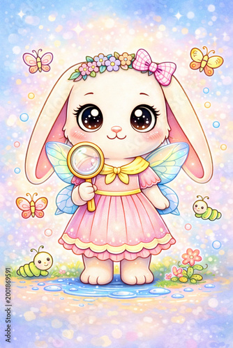 Whimsical Fairy Bunny  with Butterfly Wings and Magnifying Glass in Magical Garden Setting