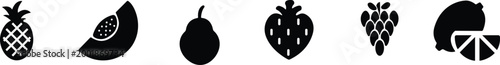 Fruit food icon set collection group in black flat style featuring apple, banana, orange, grape, lemon, berry synonym elements for healthy diet, fresh produce and nutrition design use