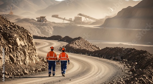 Two miners walking on a dirt road in a large open-pit mining site with heavy machinery and industrial equipment