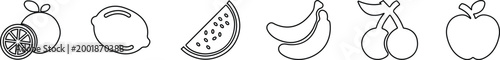 Fruit food icon set collection group in black line style featuring apple, banana, orange, grape, lemon, berry synonym elements for healthy diet, fresh produce and nutrition design use