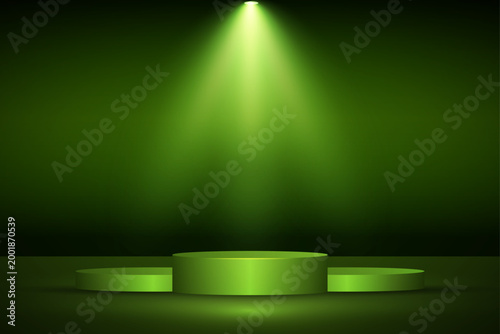 Spotlight on green podium with dramatic green illumination and atmospheric background