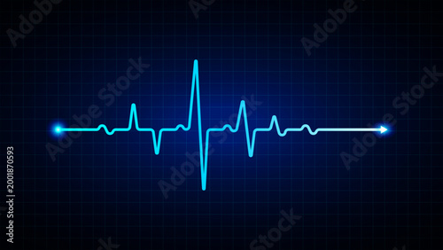 Neon blue heart rate signal pulse line on dark blue, medical background