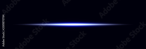 Single horizontal neon blue laser beam light flare isolated on dark black background