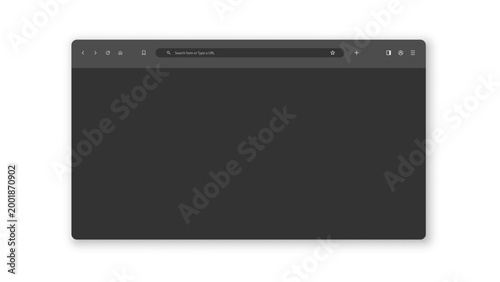 Minimalist dark mode internet browser window template featuring clean UI navigation elements, search bar, and functional icons isolated on a solid transparent background