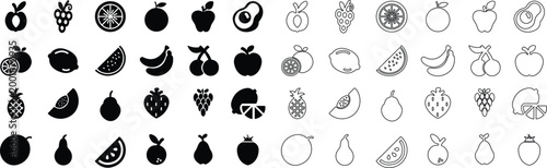 Fruit food icon set collection group in black flat and line style featuring apple, banana, orange, grape, lemon, berry synonym elements for healthy diet, fresh produce and nutrition design use