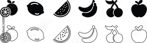Fruit food icon set collection group in black flat and line style featuring apple, banana, orange, grape, lemon, berry synonym elements for healthy diet, fresh produce and nutrition design use