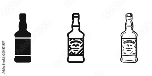 Whiskey Bottle Icon Set. Alcohol Beverage Container and Liquor Brand Symbol.