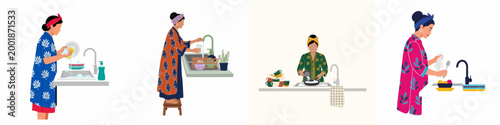 Set of Four Flat Illustrations of Women in Patterned Robes Washing Dishes and Doing Kitchen Chores Isolated on White Background
