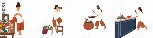 Collection of flat vector illustrations featuring women photographing festive holiday meals and baked goods for food blogs and social media content creation.