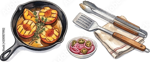 Watercolor Grilled Peaches in Skillet with Tongs and Pickles Illustration, Summer Grill Clipart