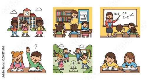 Children learning and playing at school, showing various educational activities and interactions.