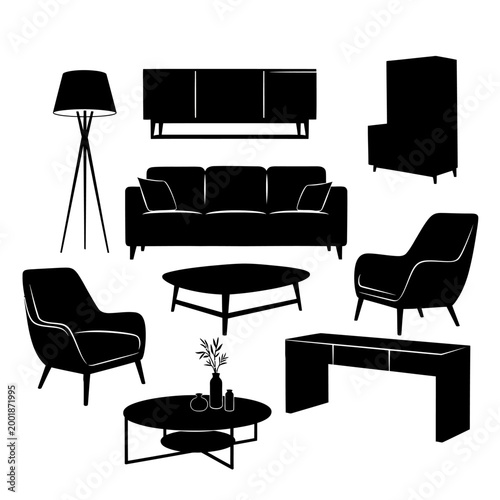 Collection of modern furniture silhouettes for interior design.