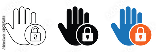 Restricted area flat line and filled icons, warning and prohibition symbol set, security and access control concept, modern vector design