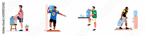 Illustrations of male athletes in various sports uniforms carrying large water cooler bottles for hydration and refreshment.