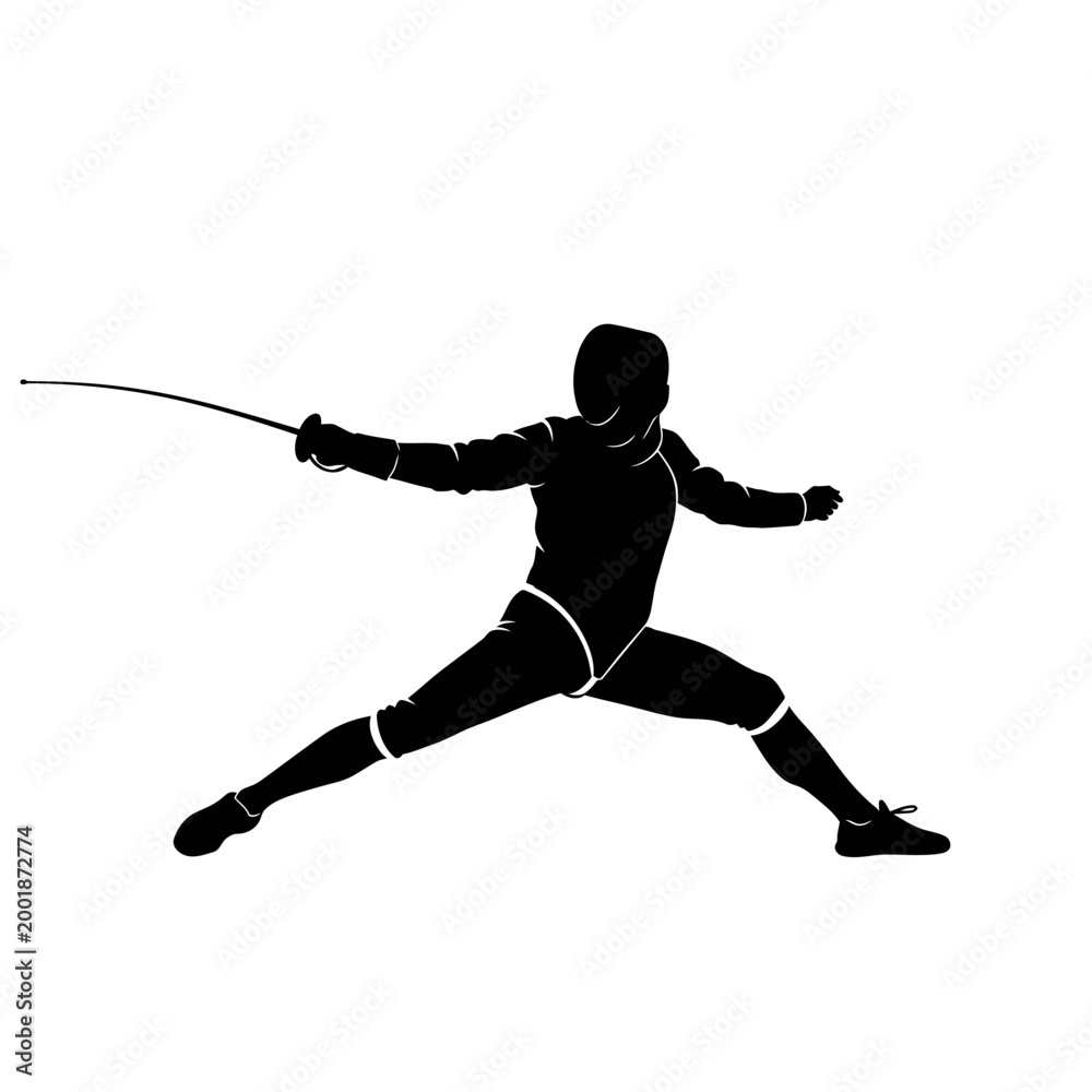 Fototapeta premium Fencer in silhouette lunging with sword ready for attack.