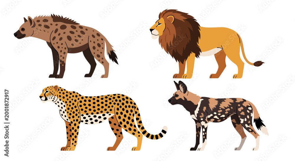 Obraz premium Collection of African Safari Animals - Lion, Hyena, Cheetah and Wild Dog Illustrations