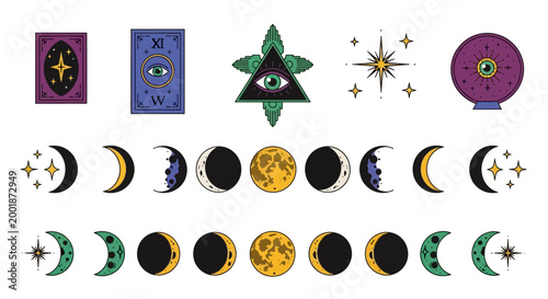 Mystical Occult Symbols and Moon Phases Vector Illustration Set