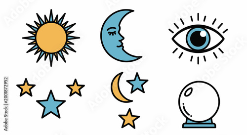 Mystical Astrology Icons Set with Sun Moon and Eye Symbols