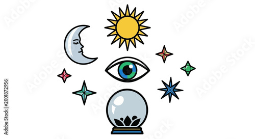 Mystical Celestial Symbols Set with Sun Moon Eye and Crystal Ball